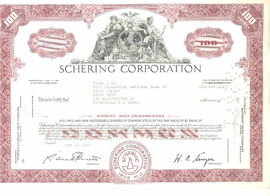 Schering 100 Shares 100 Aandelen schering corporation 1969 